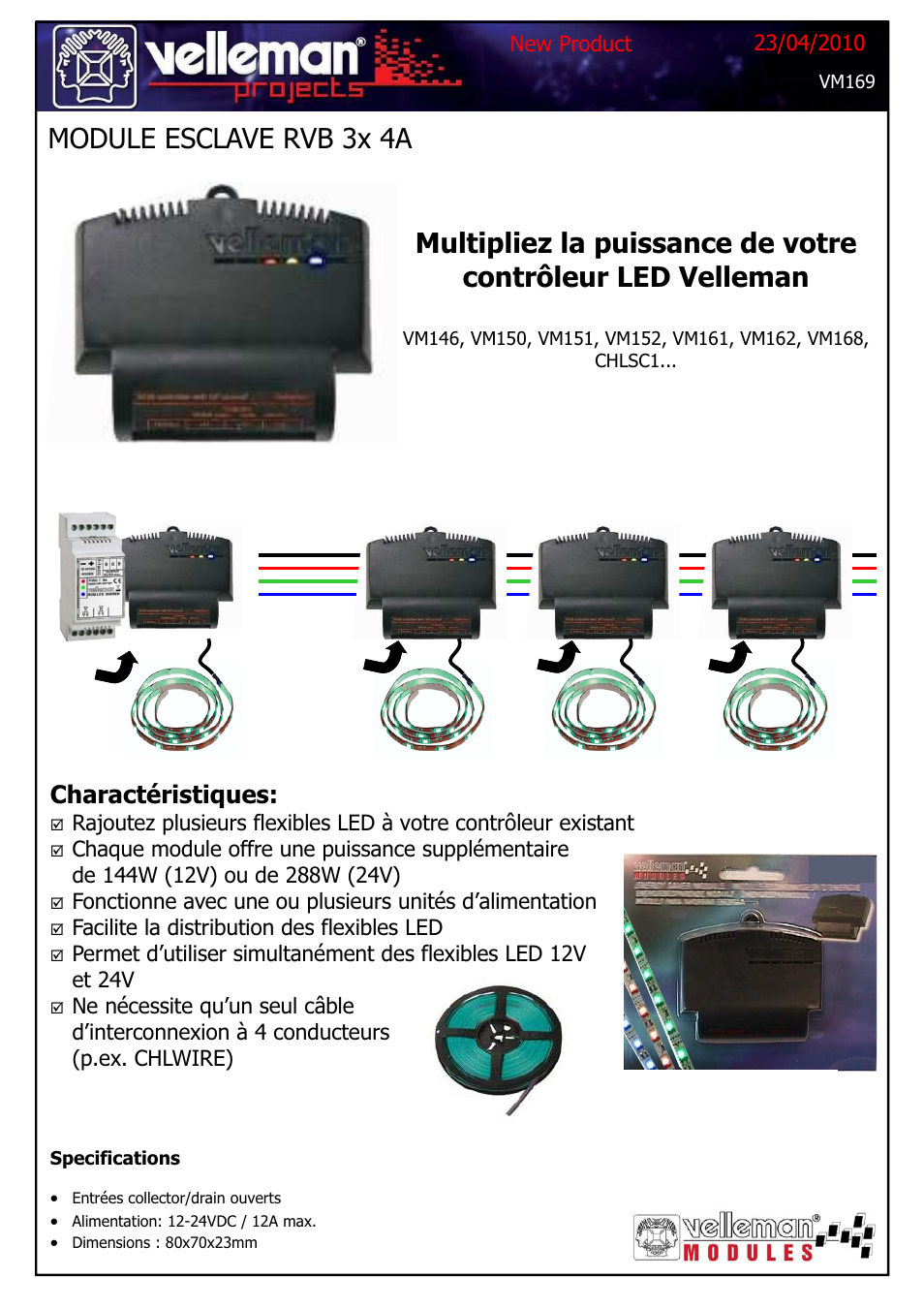 Module esclave rvb 3x 4a, Charactéristiques, Facilite la distribution des flexibles led | Velleman projects VM169 Datasheet User Manual | Page 2 / 4