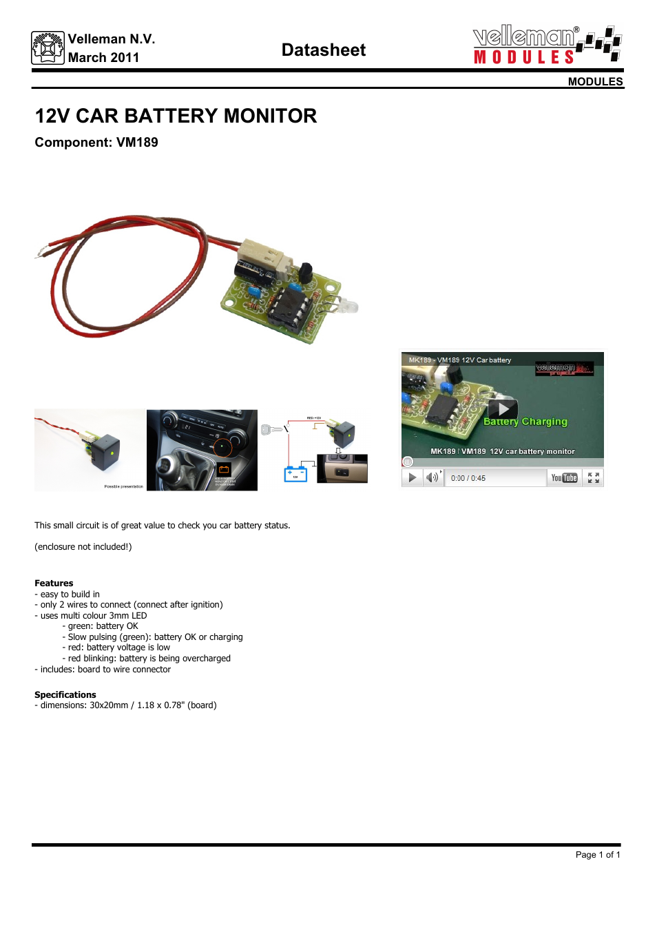 Velleman projects VM189 Datasheet User Manual | 1 page