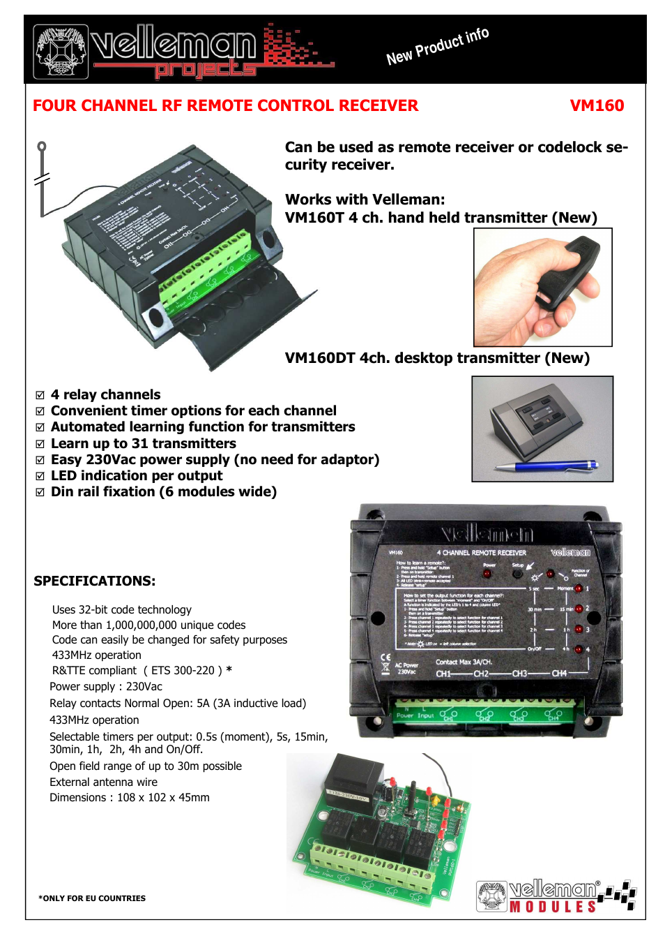 Velleman projects VM160 Datasheet User Manual | 1 page