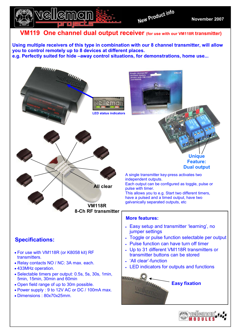 Velleman projects VM119 Datasheet User Manual | 1 page