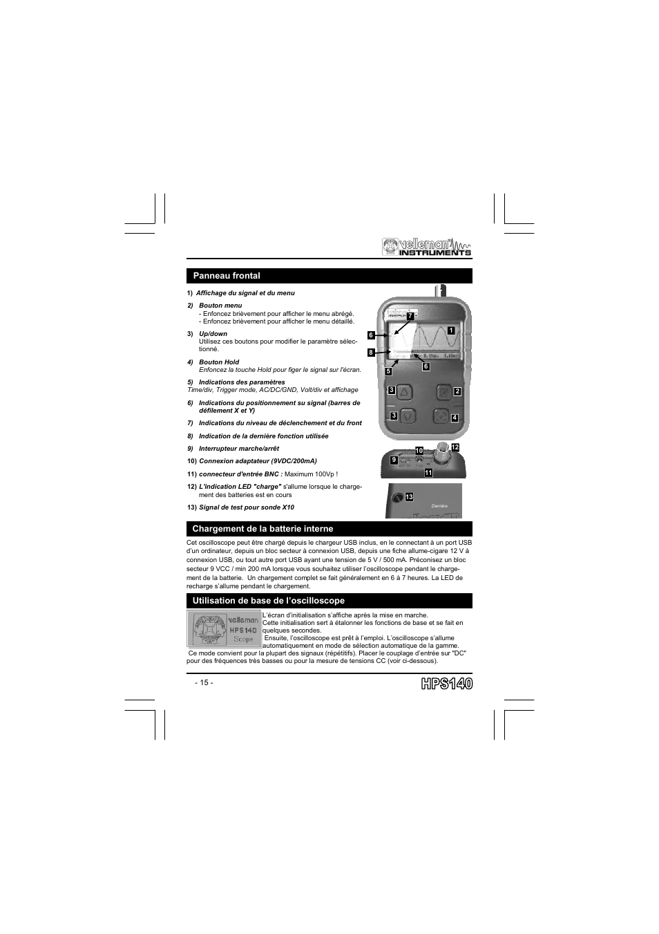Panneau frontal, Chargement de la batterie interne, Utilisation de base de l’oscilloscope | Velleman projects HPS140 User manual User Manual | Page 15 / 28