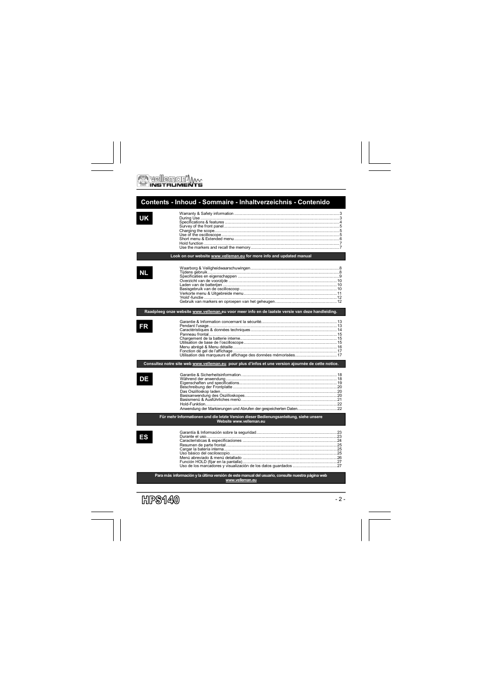 Uk nl, De es | Velleman projects HPS140 User manual User Manual | Page 2 / 28