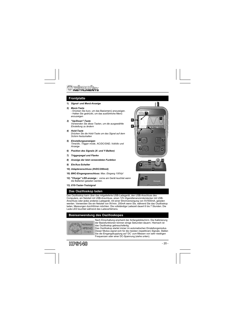 Frontplatte, Das oszilloskop laden, Basisanwendung des oszilloskopes | Velleman projects HPS140 User manual User Manual | Page 20 / 28