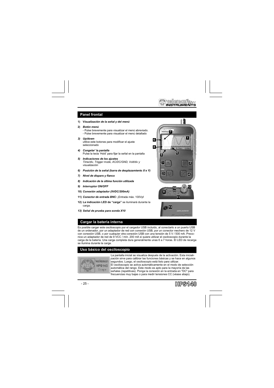 Panel frontal, Cargar la batería interna, Uso básico del osciloscopio | Velleman projects HPS140 User manual User Manual | Page 25 / 28