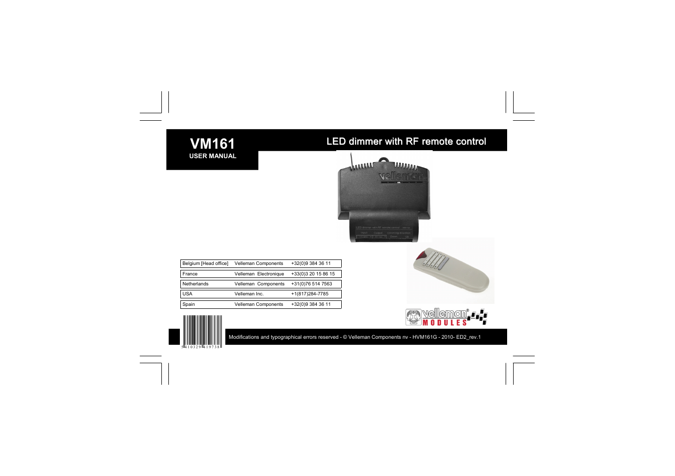 Vm161, Led dimmer with rf remote control | Velleman VM161 User Manual | Page 20 / 20