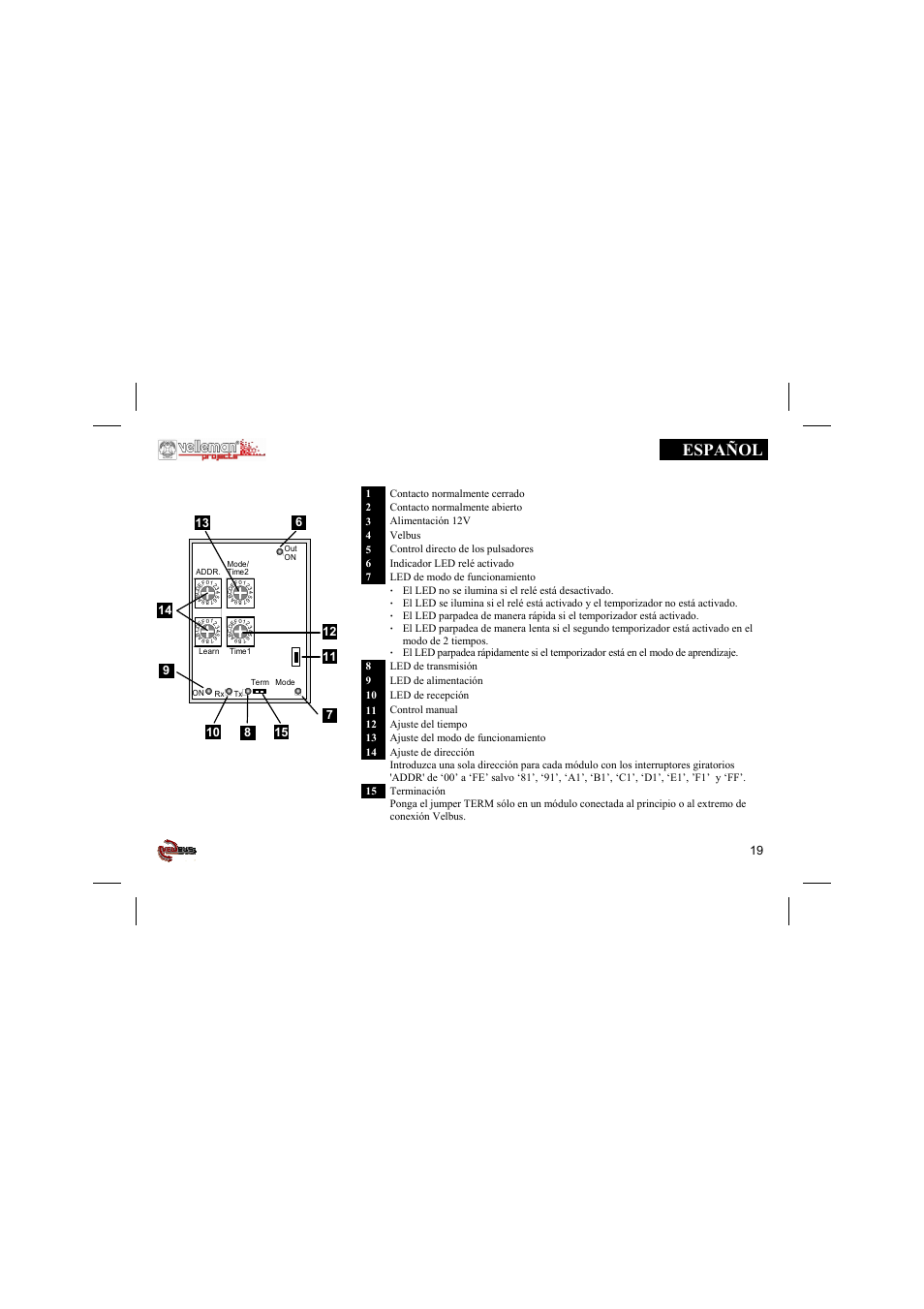 Español | Velleman projects VMB1RY Short user manual User Manual | Page 19 / 24