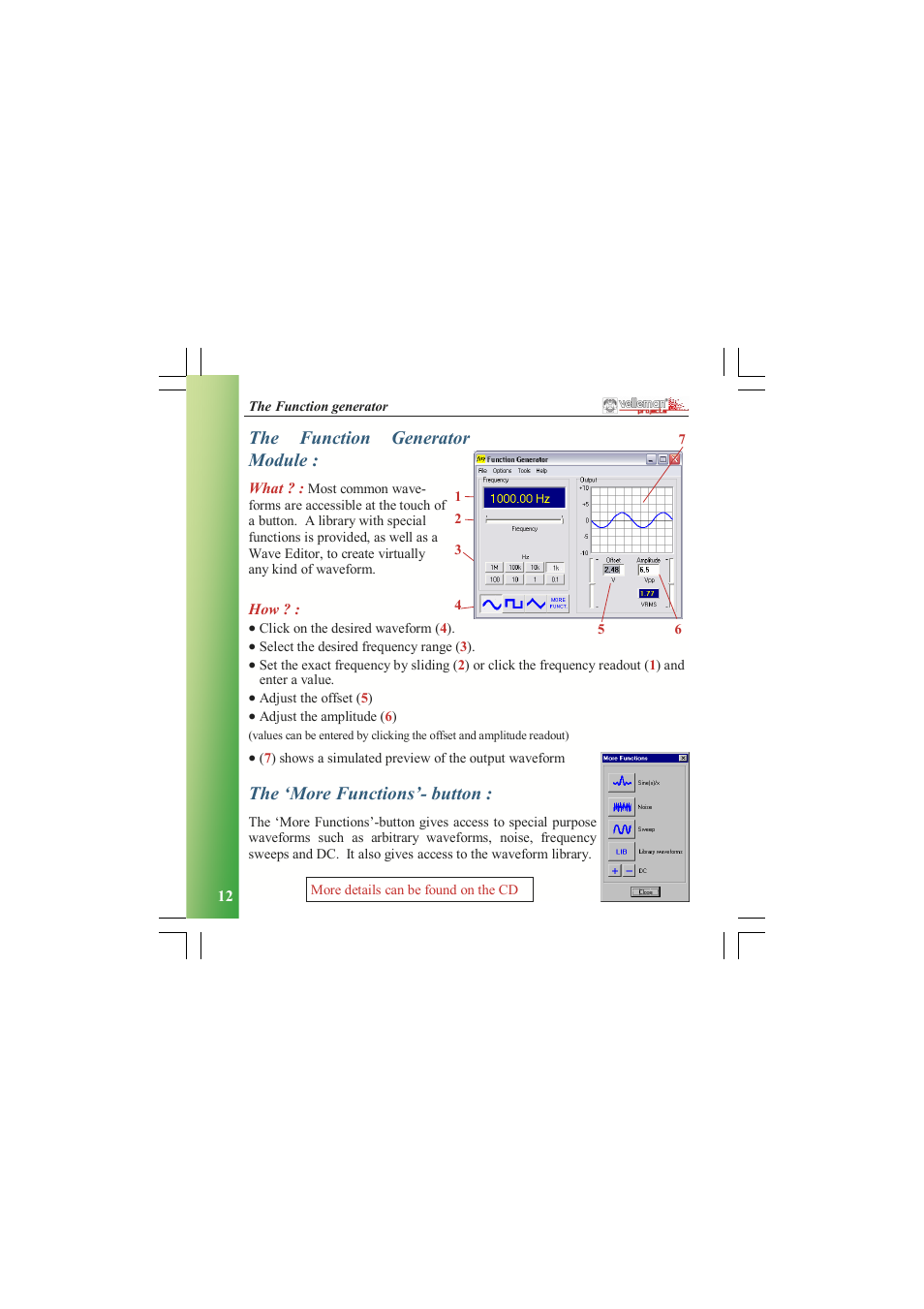 The function generator module, The ‘more functions’- button | Velleman PCGU1000 User Manual | Page 12 / 13