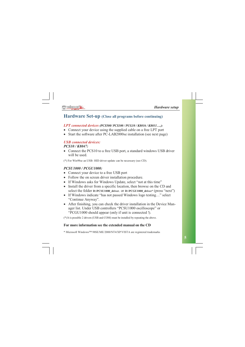 Hardware set-up | Velleman PCGU1000 User Manual | Page 5 / 13