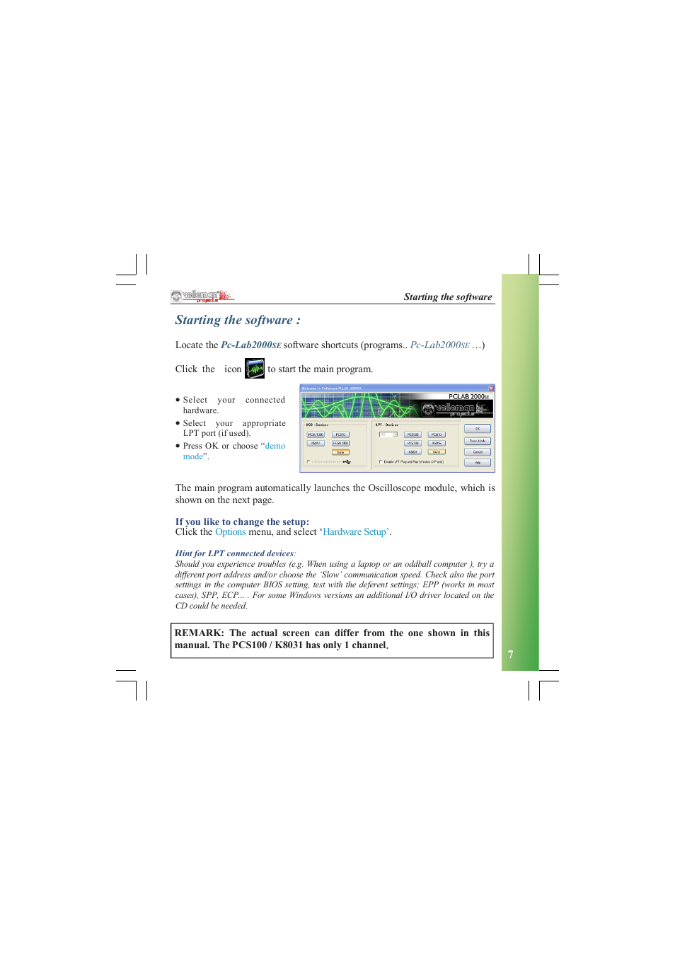 Starting the software | Velleman PCGU1000 User Manual | Page 7 / 13