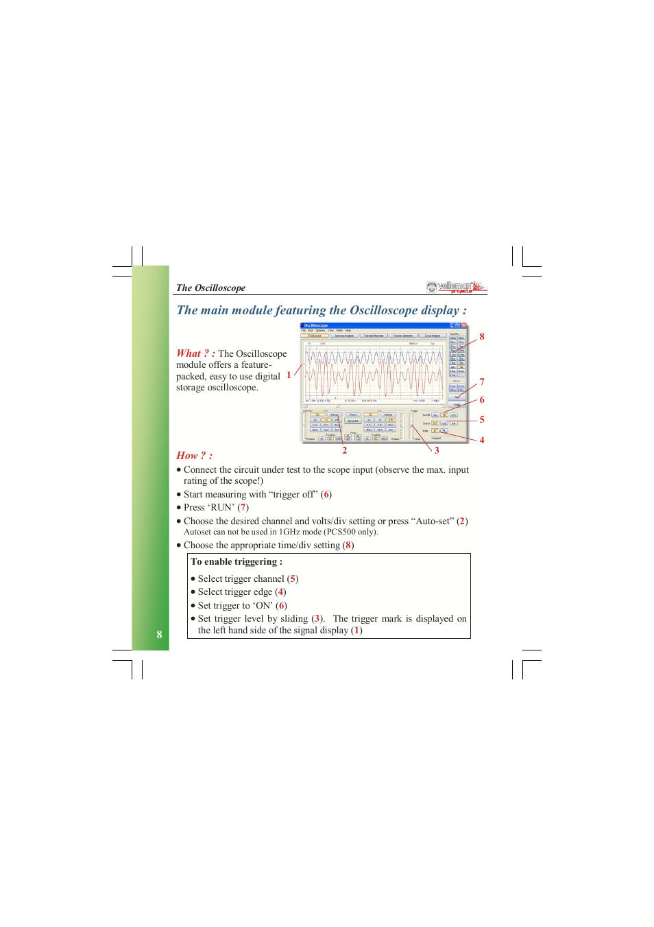 The main module featuring the oscilloscope display | Velleman PCGU1000 User Manual | Page 8 / 13