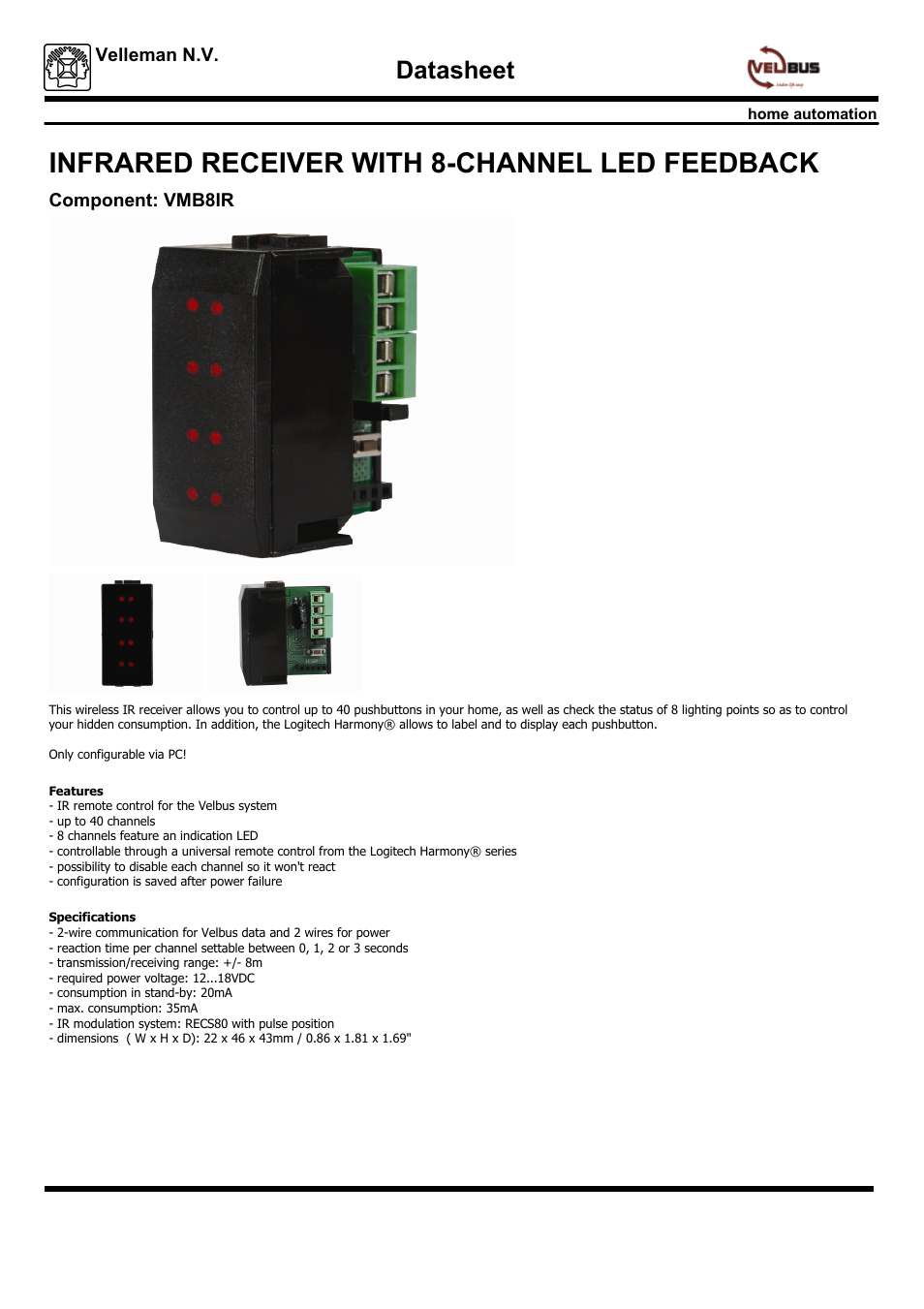 Velleman projects VMB8IR Datasheet User Manual | 1 page