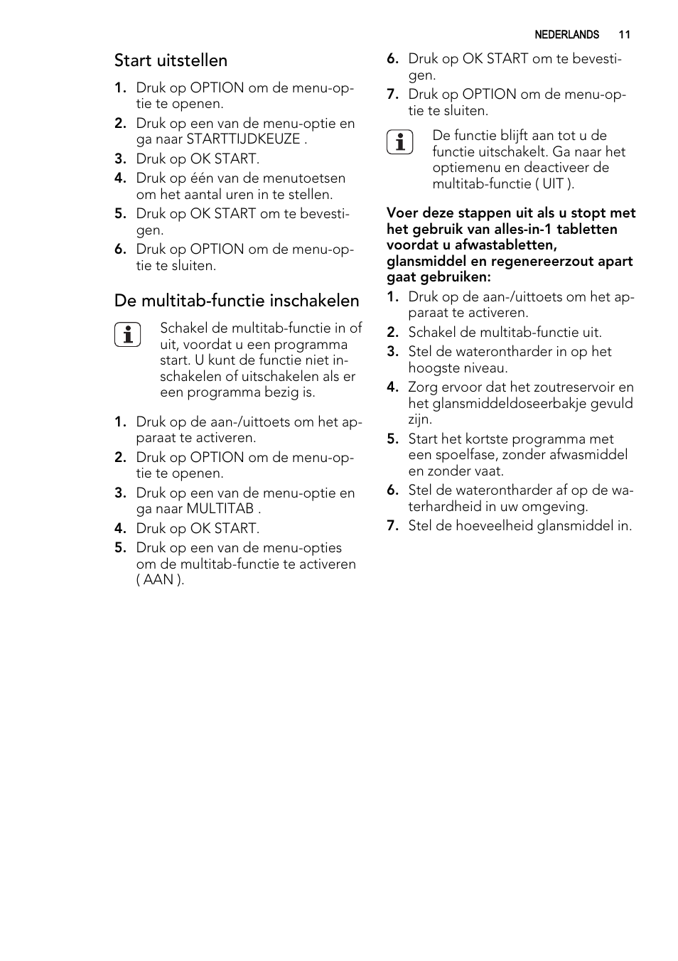 Start uitstellen, De multitab-functie inschakelen | AEG F 99015 VI 1 P User Manual | Page 11 / 96