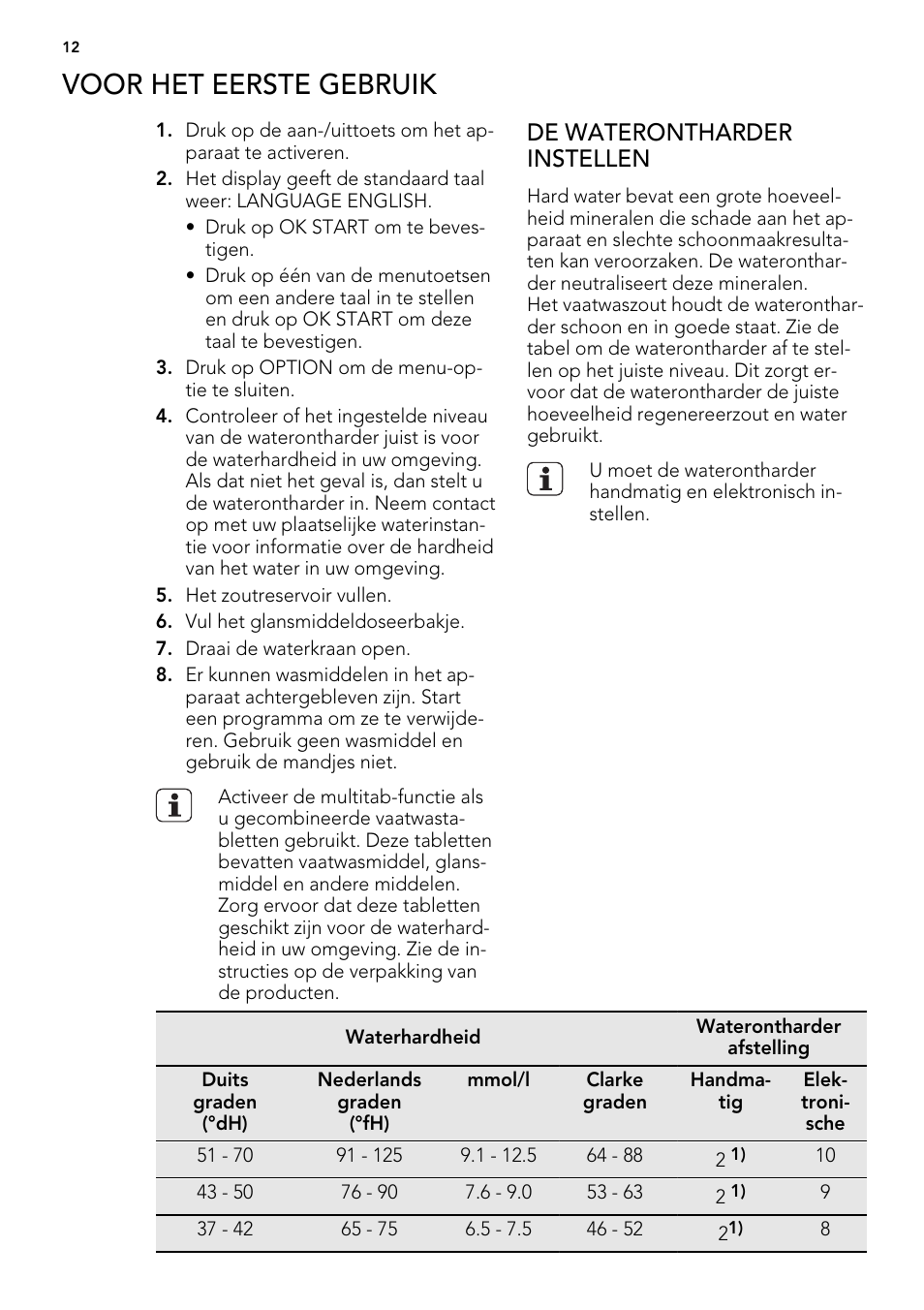 Voor het eerste gebruik, De waterontharder instellen | AEG F 99015 VI 1 P User Manual | Page 12 / 96