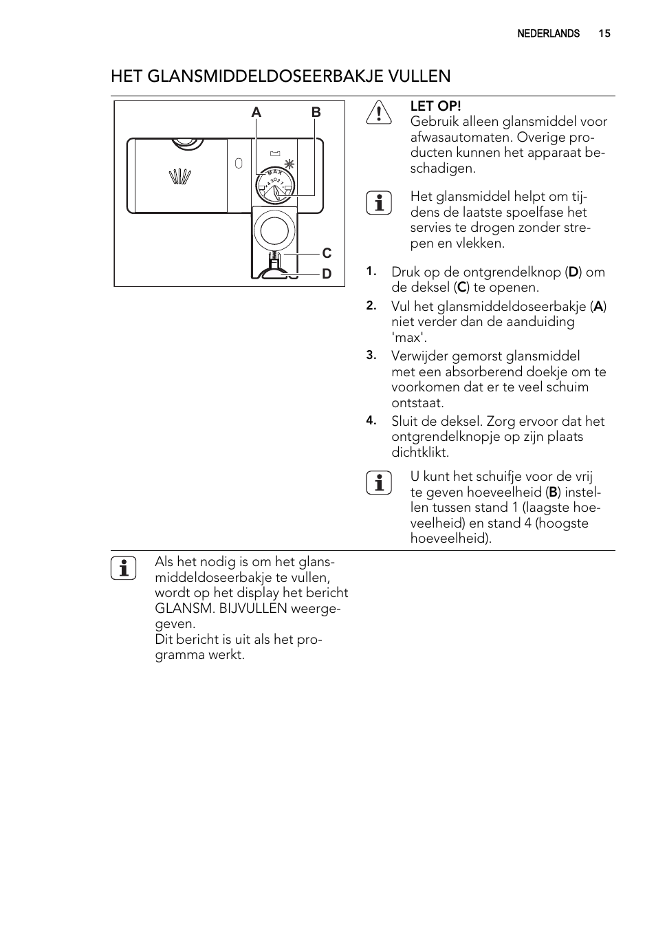 Het glansmiddeldoseerbakje vullen | AEG F 99015 VI 1 P User Manual | Page 15 / 96