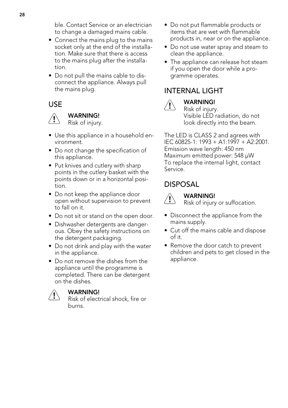Internal light, Disposal | AEG F 99015 VI 1 P User Manual | Page 28 / 96