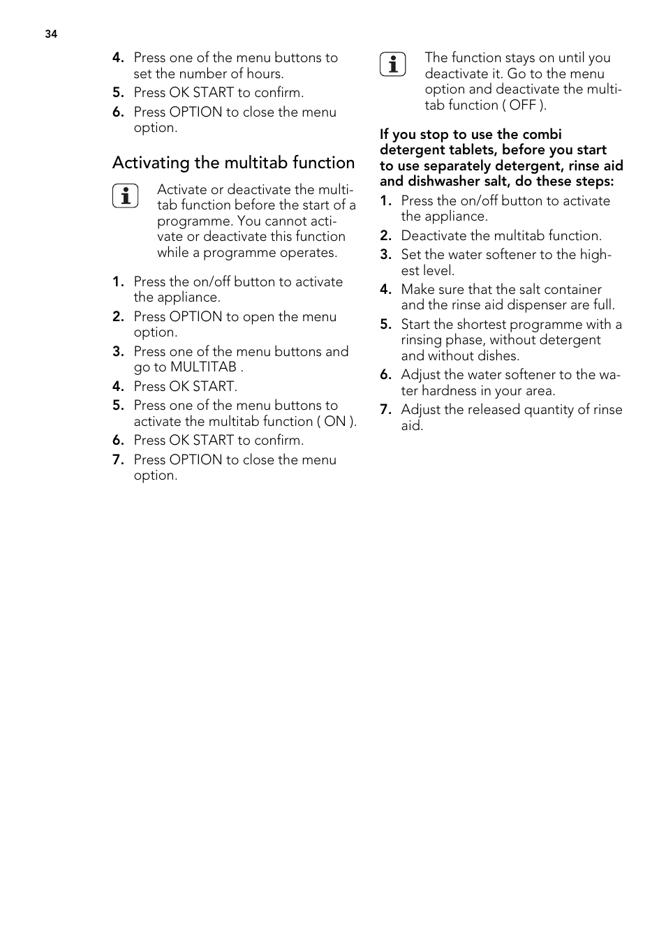 Activating the multitab function | AEG F 99015 VI 1 P User Manual | Page 34 / 96