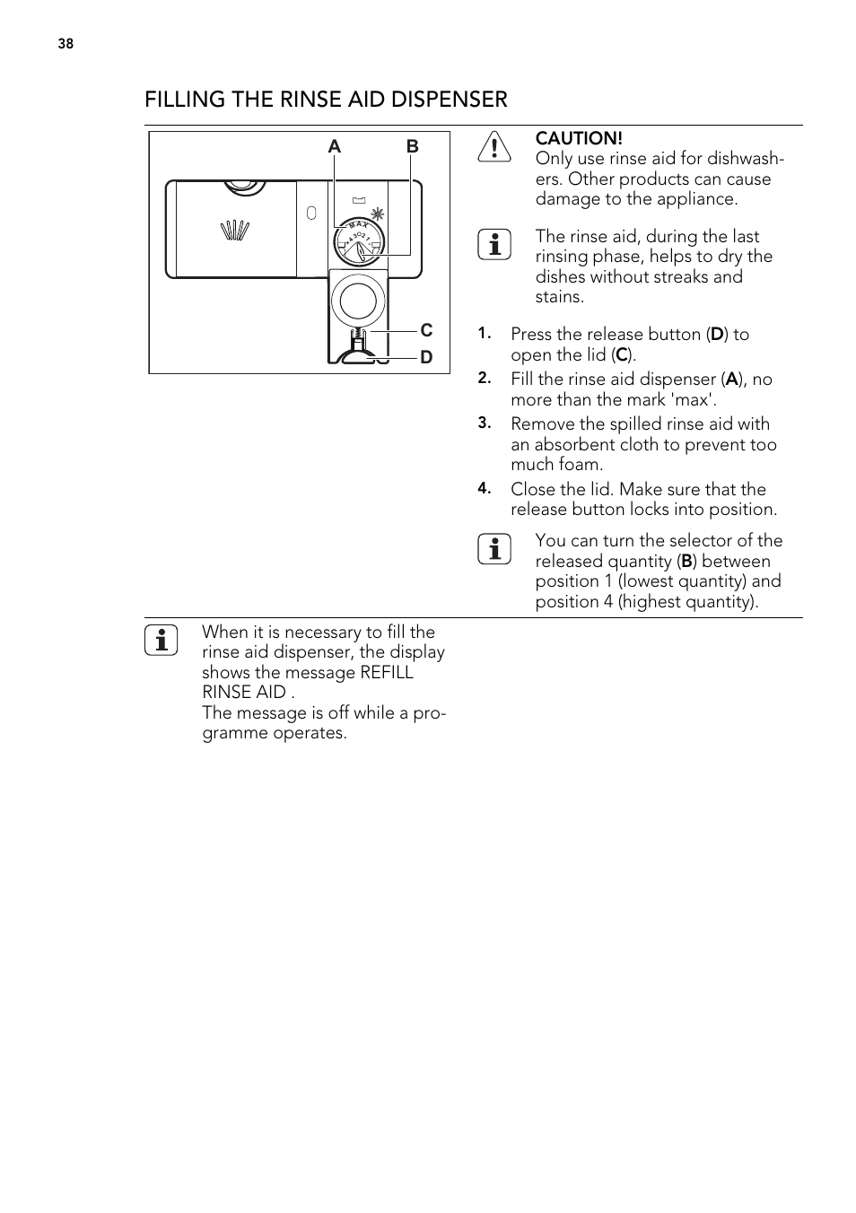 Filling the rinse aid dispenser | AEG F 99015 VI 1 P User Manual | Page 38 / 96