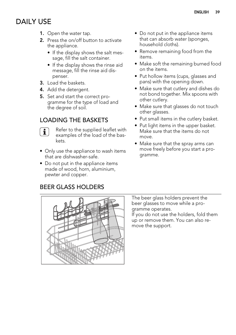 Daily use, Loading the baskets, Beer glass holders | AEG F 99015 VI 1 P User Manual | Page 39 / 96