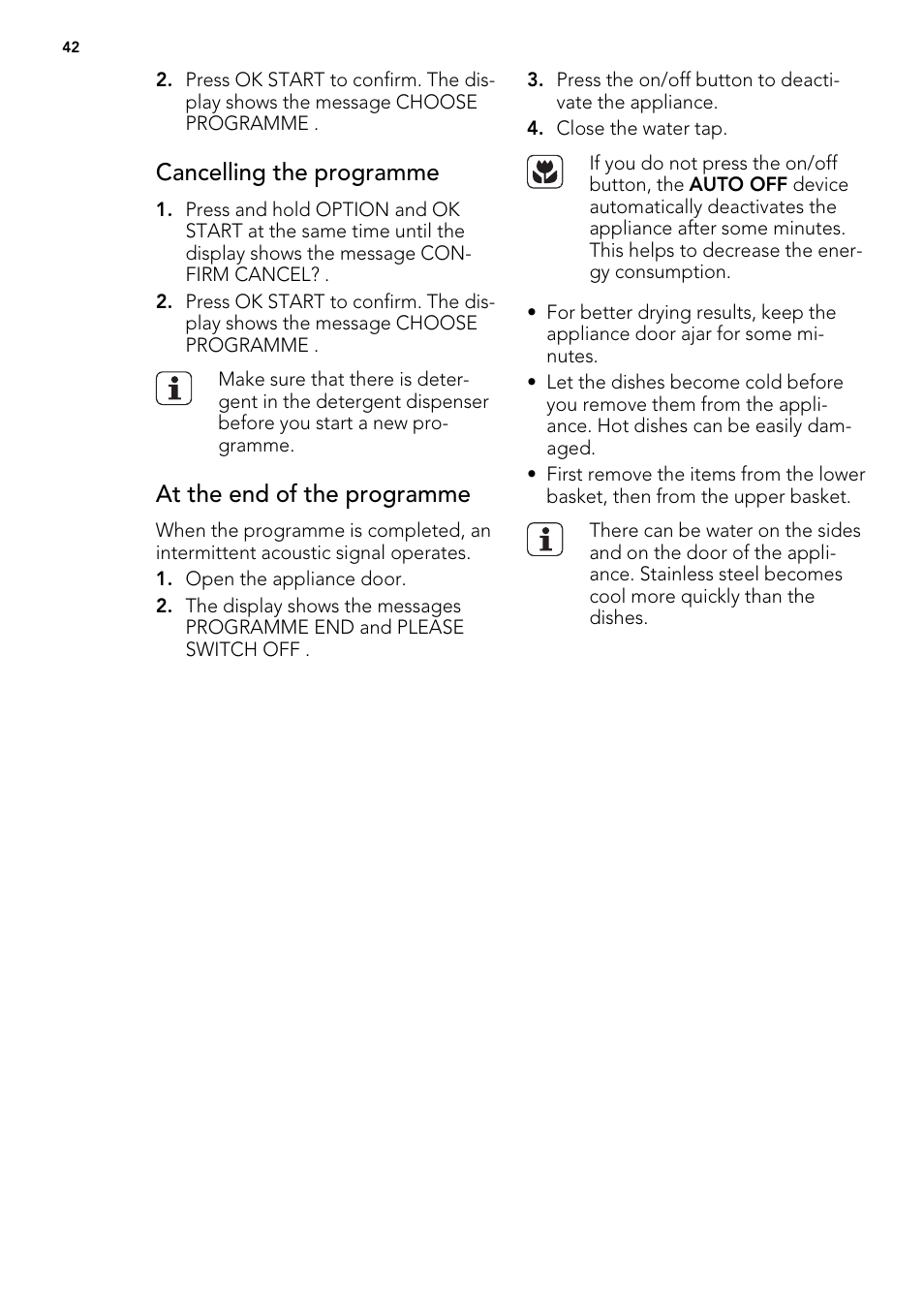 Cancelling the programme, At the end of the programme | AEG F 99015 VI 1 P User Manual | Page 42 / 96