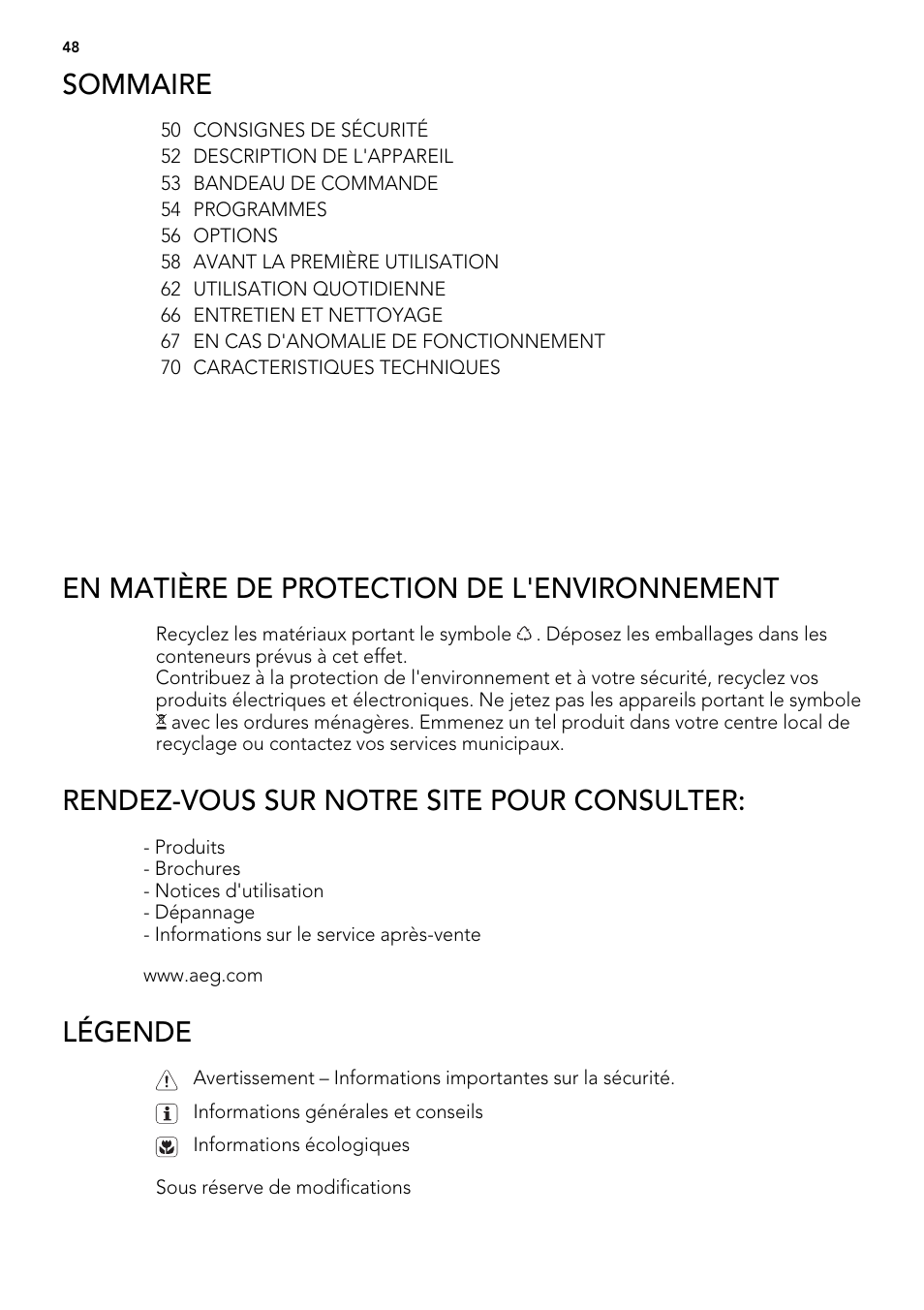 Sommaire, En matière de protection de l'environnement, Rendez-vous sur notre site pour consulter | Légende | AEG F 99015 VI 1 P User Manual | Page 48 / 96