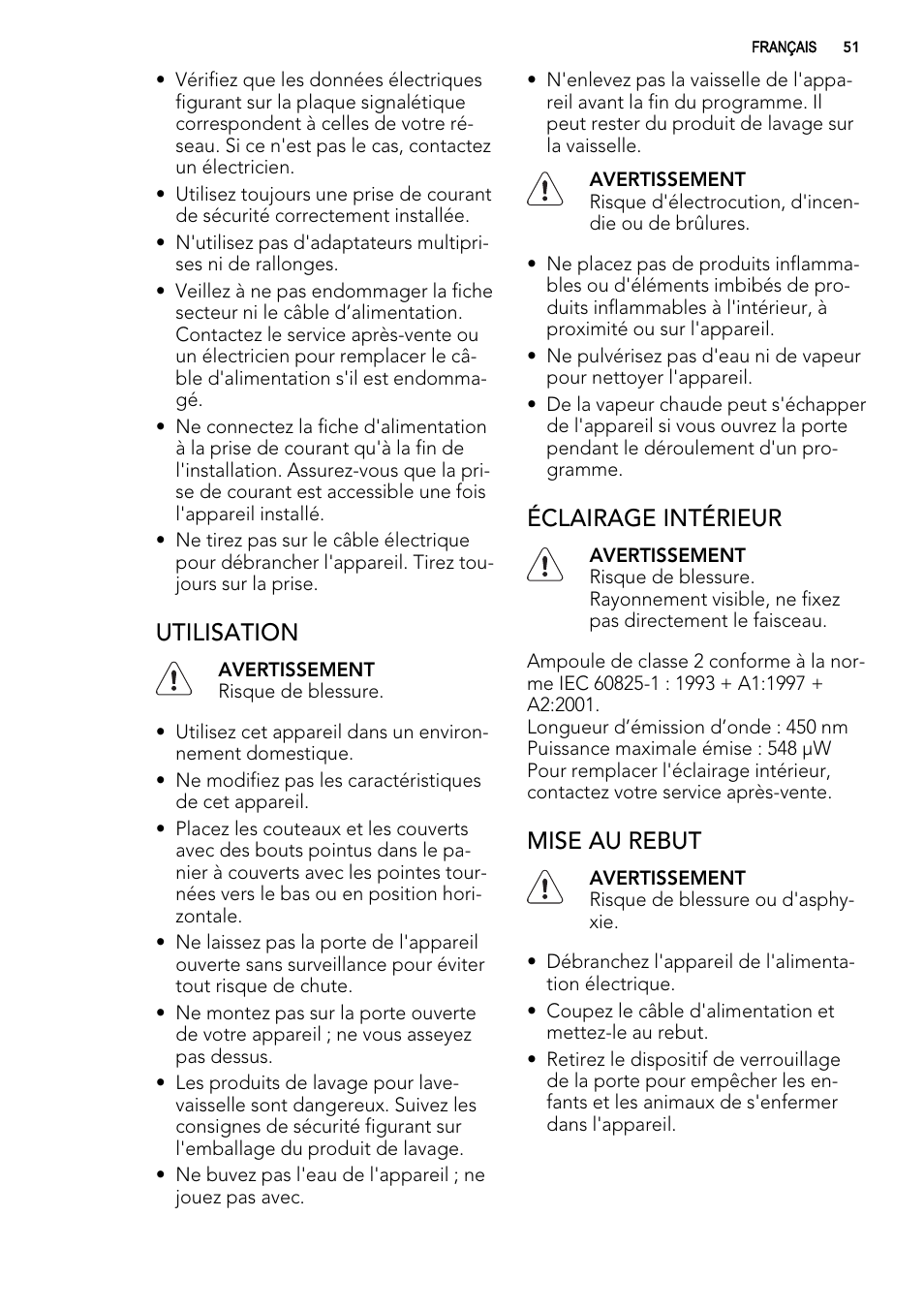 Utilisation, Éclairage intérieur, Mise au rebut | AEG F 99015 VI 1 P User Manual | Page 51 / 96