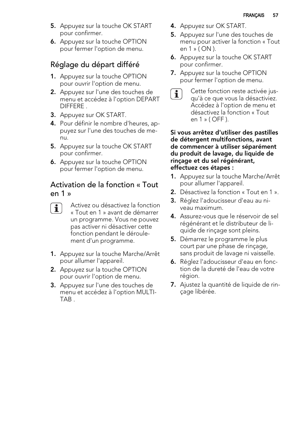 Réglage du départ différé, Activation de la fonction « tout en 1 | AEG F 99015 VI 1 P User Manual | Page 57 / 96