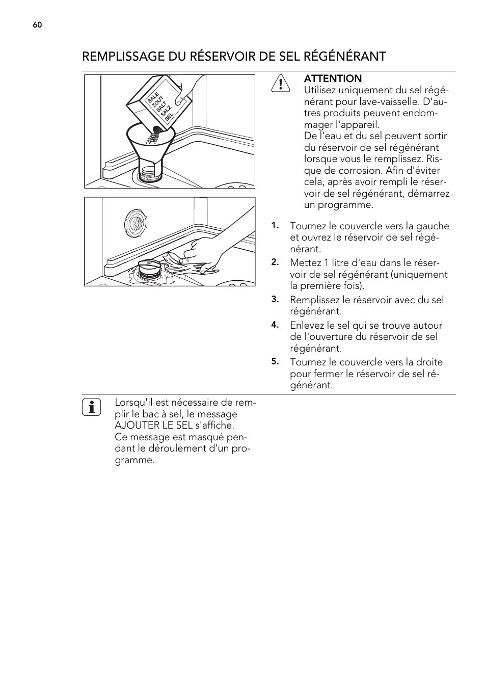 Remplissage du réservoir de sel régénérant | AEG F 99015 VI 1 P User Manual | Page 60 / 96