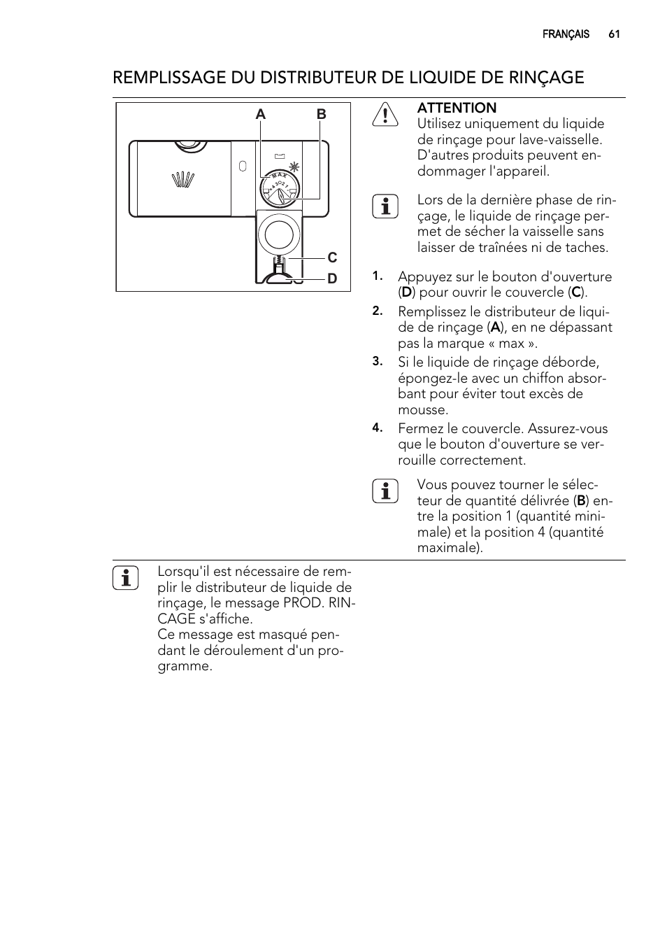 Remplissage du distributeur de liquide de rinçage | AEG F 99015 VI 1 P User Manual | Page 61 / 96