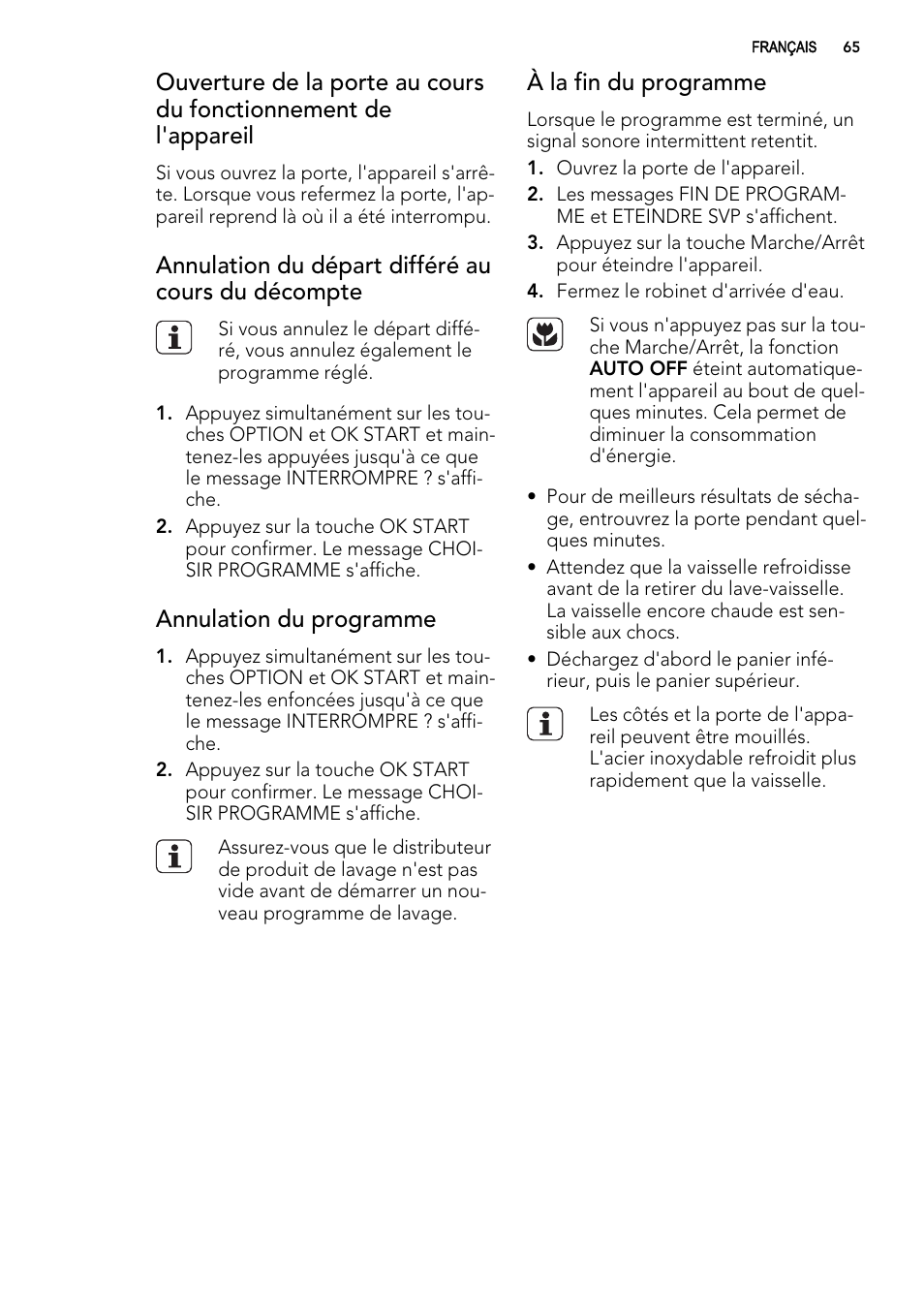 Annulation du départ différé au cours du décompte, Annulation du programme, À la fin du programme | AEG F 99015 VI 1 P User Manual | Page 65 / 96