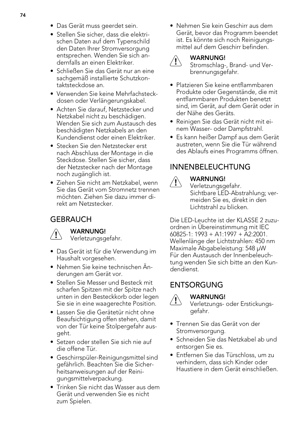 Gebrauch, Innenbeleuchtung, Entsorgung | AEG F 99015 VI 1 P User Manual | Page 74 / 96