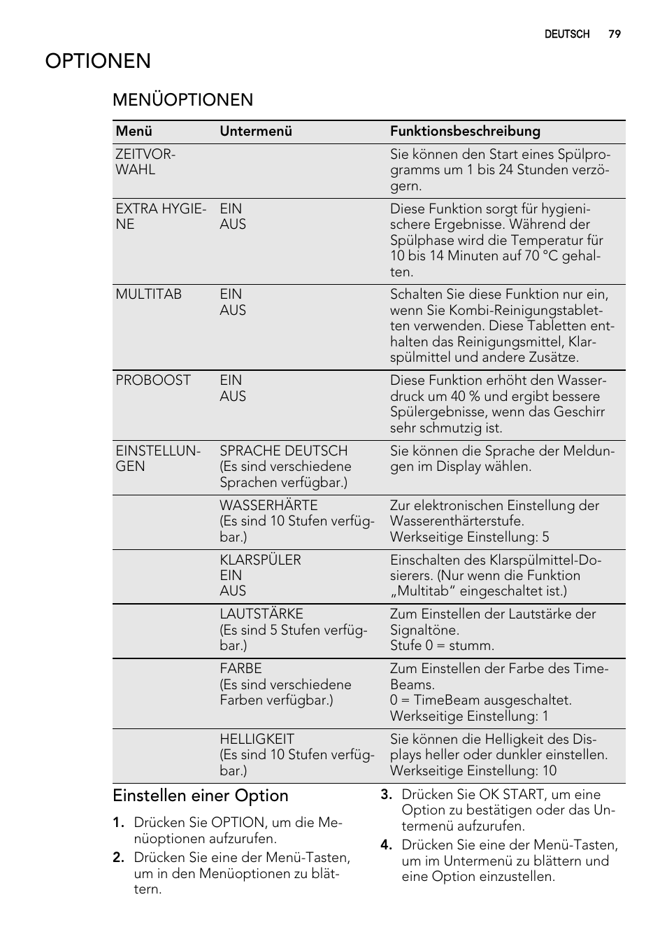 Optionen, Menüoptionen, Einstellen einer option | AEG F 99015 VI 1 P User Manual | Page 79 / 96