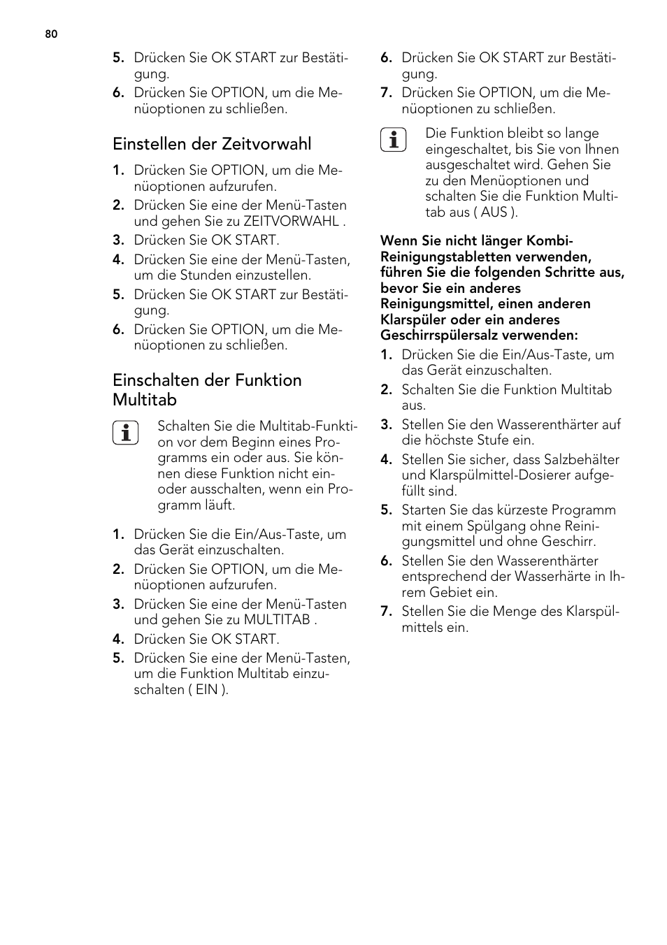 Einstellen der zeitvorwahl, Einschalten der funktion multitab | AEG F 99015 VI 1 P User Manual | Page 80 / 96