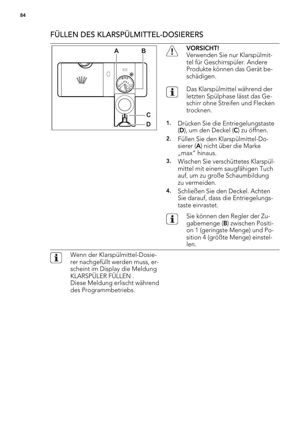 Füllen des klarspülmittel-dosierers | AEG F 99015 VI 1 P User Manual | Page 84 / 96