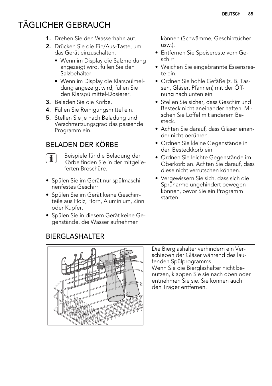 Täglicher gebrauch, Beladen der körbe, Bierglashalter | AEG F 99015 VI 1 P User Manual | Page 85 / 96