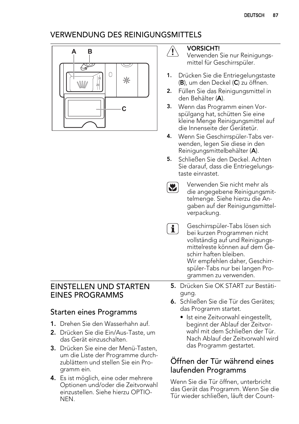 Verwendung des reinigungsmittels, Öffnen der tür während eines laufenden programms | AEG F 99015 VI 1 P User Manual | Page 87 / 96