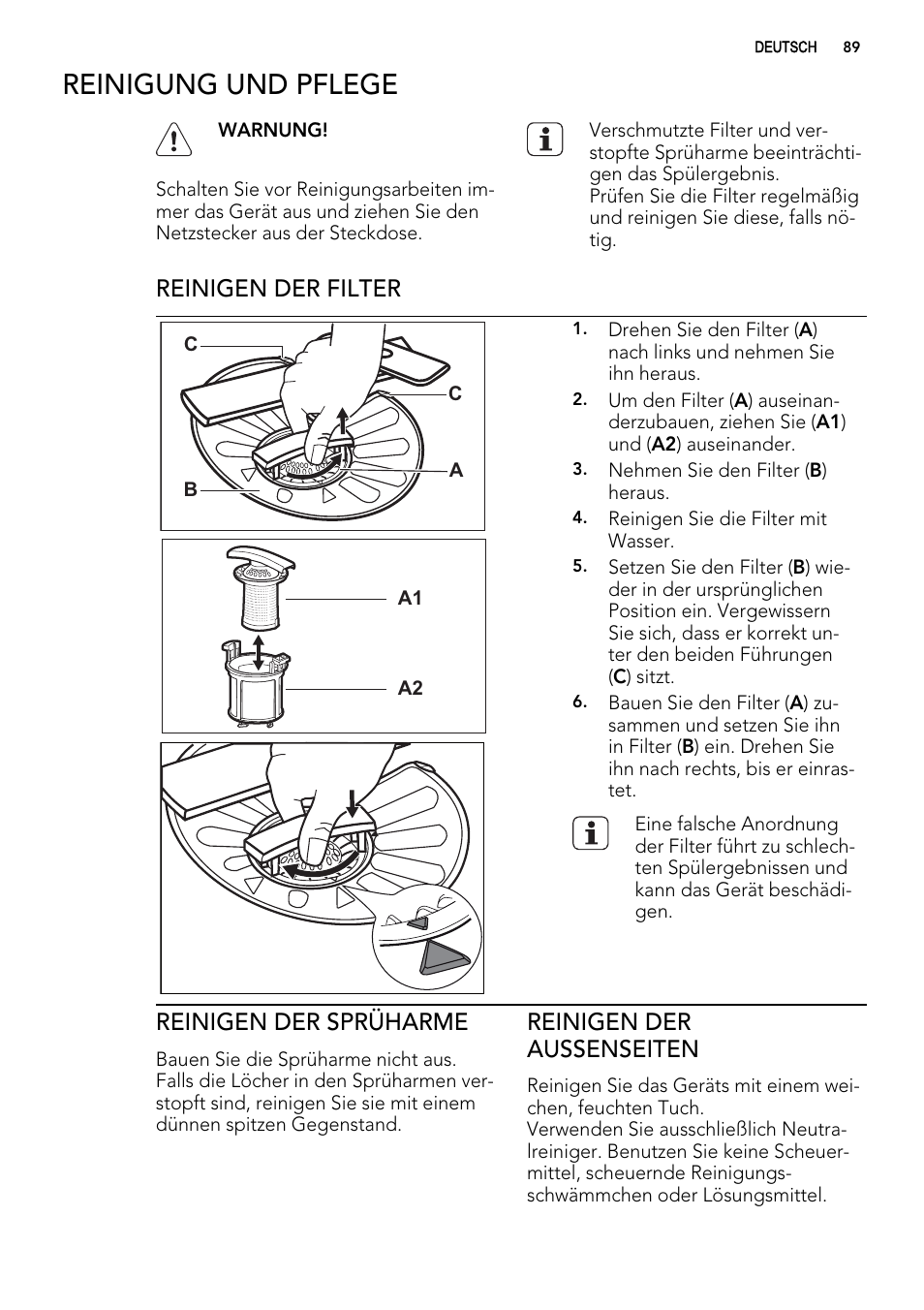 Reinigung und pflege, Reinigen der filter, Reinigen der sprüharme | Reinigen der aussenseiten | AEG F 99015 VI 1 P User Manual | Page 89 / 96