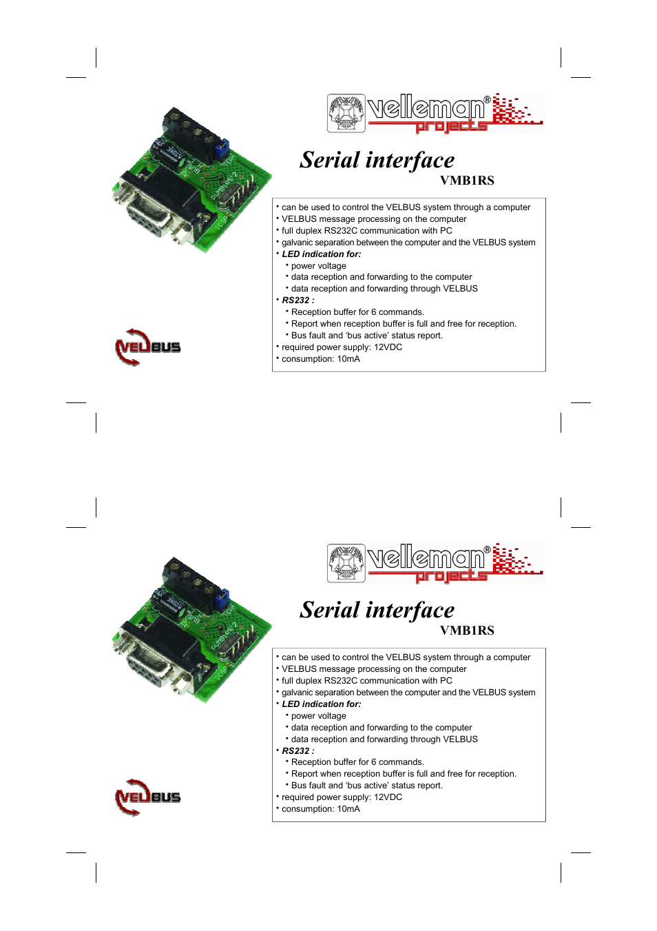 Velleman projects VMB1RS Short user manual User Manual | 12 pages