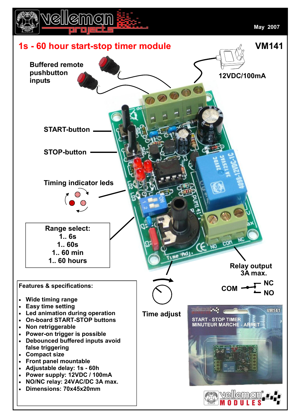 Velleman projects VM141 Datasheet User Manual | 1 page