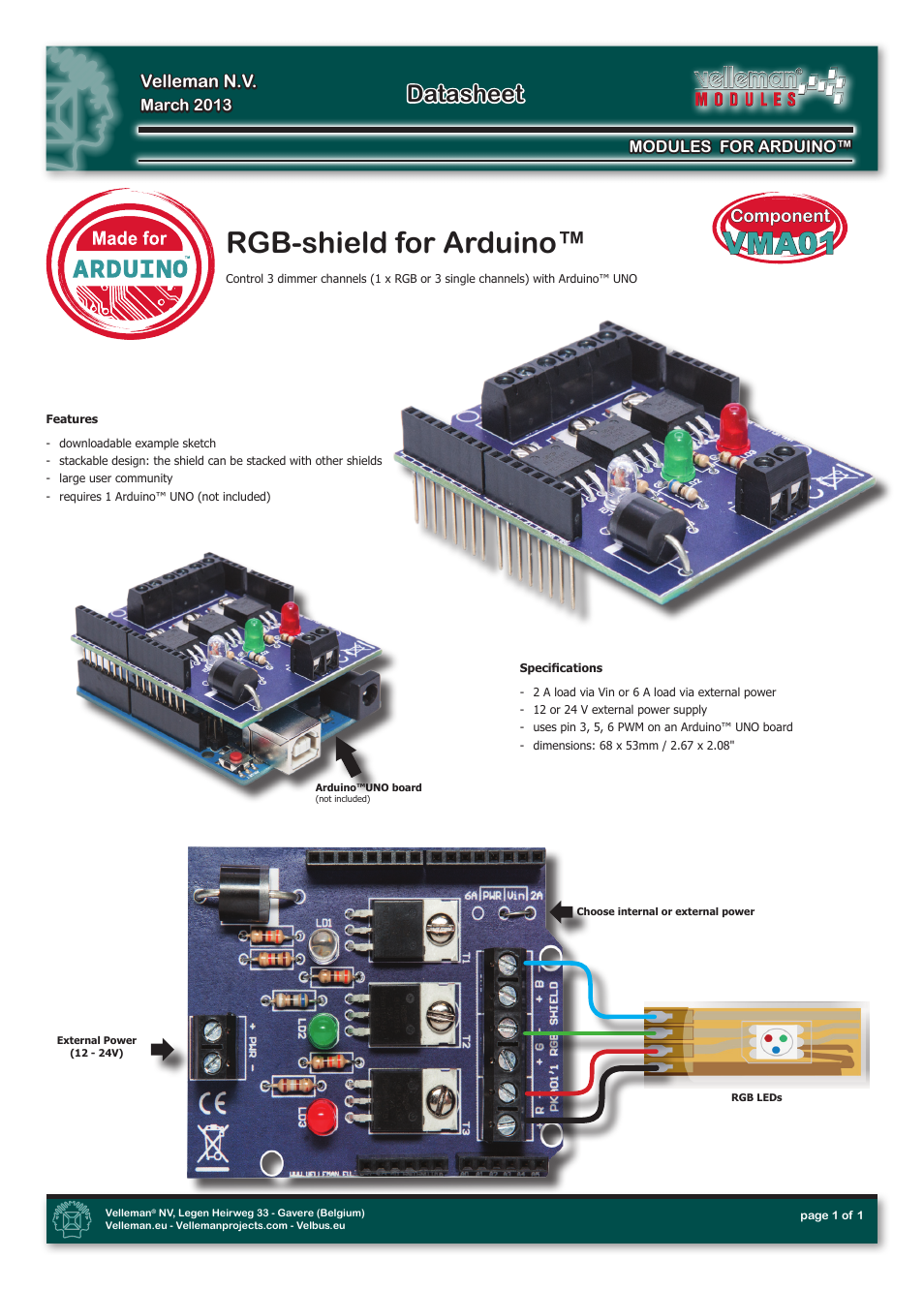 Velleman projects VMA01 Datasheet User Manual | 1 page