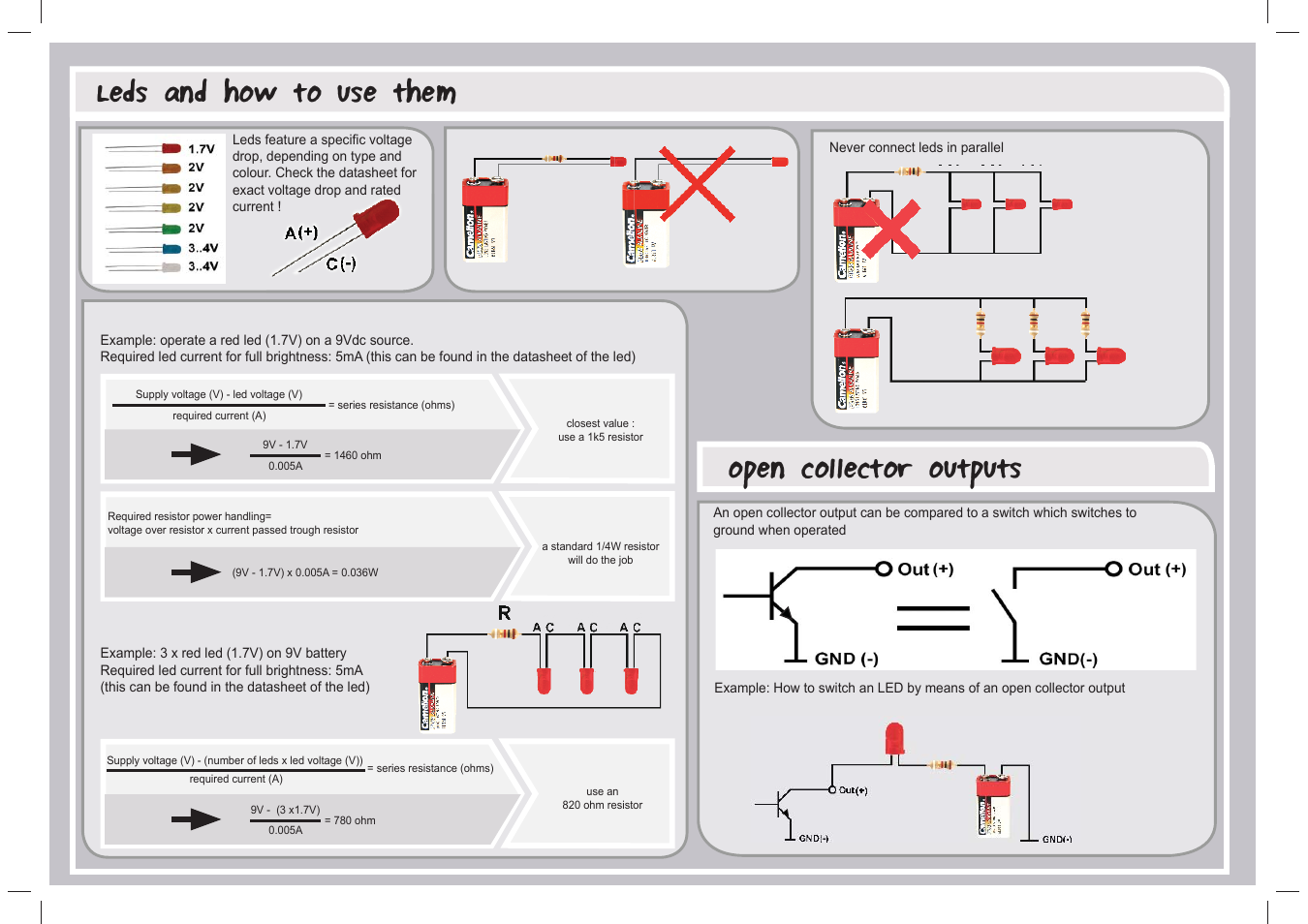 Leds and how to use them, Open collector outputs | Velleman projects K8097 Assembly instructions User Manual | Page 4 / 20