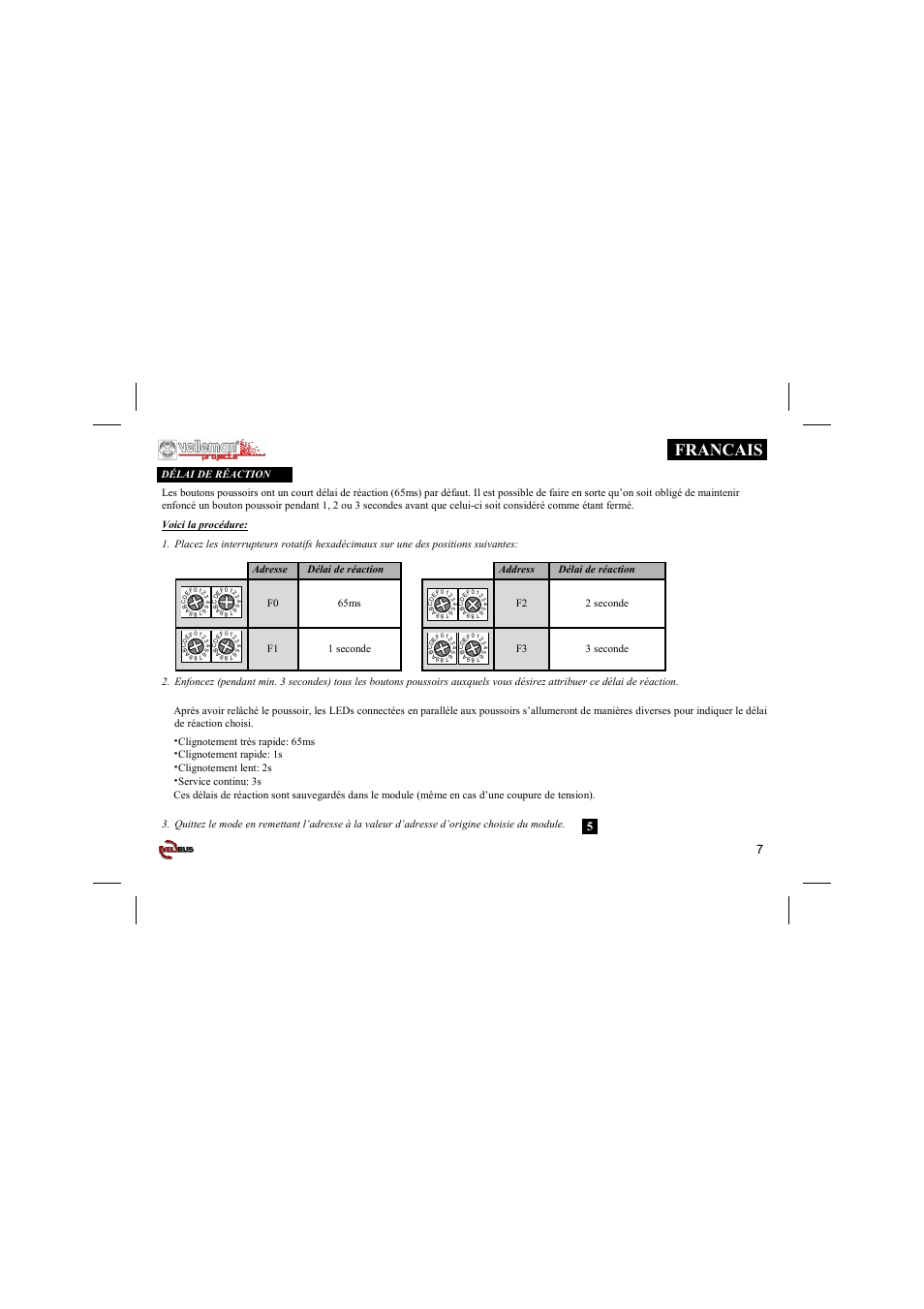 Francais, Voici la procédure, Service continu: 3s | Velleman projects VMB8PB Short user manual User Manual | Page 7 / 16