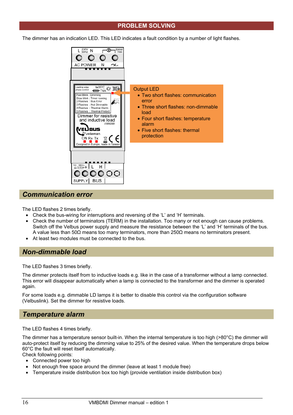 Communication error, Non-dimmable load, Temperature alarm | Velleman projects VMBDMI Extended user manual User Manual | Page 16 / 19