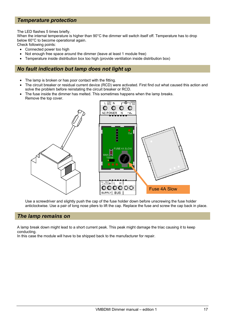 Temperature protection, No fault indication but lamp does not light up, The lamp remains on | Velleman projects VMBDMI Extended user manual User Manual | Page 17 / 19
