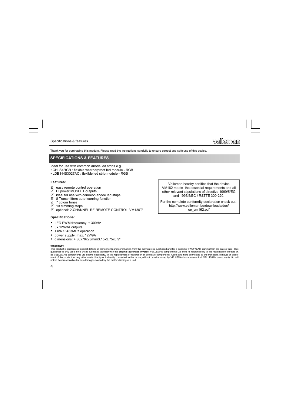 Velleman VM162 User Manual | Page 4 / 16