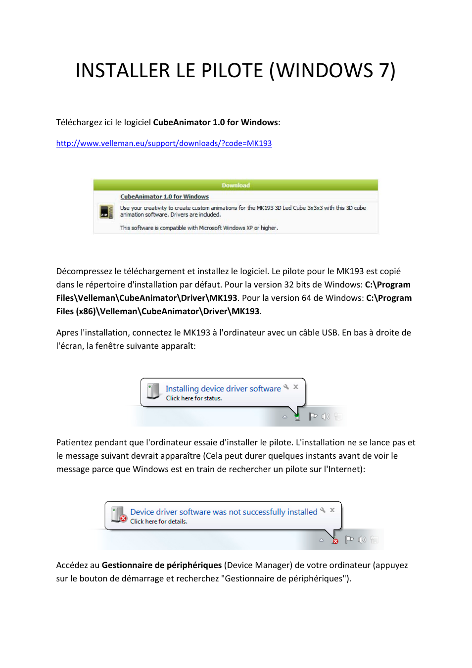 Installer le pilote (windows 7) | Velleman MK193 INSTALLING THE DRIVER User Manual | Page 9 / 20