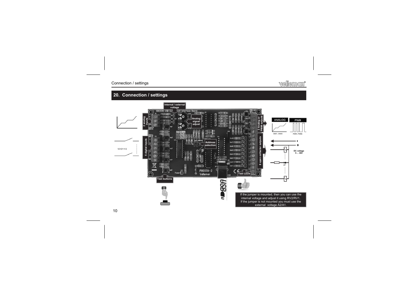 Connection / settings | Velleman projects K8055N Assembly instructions User Manual | Page 10 / 16