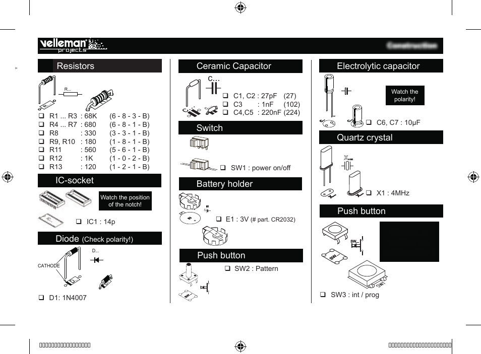 Resistors ceramic capacitor, Diode, Ic-socket | Switch, Battery holder, Push button, Electrolytic capacitor, Quartz crystal | Velleman projects K8025 Assembly instructions User Manual | Page 7 / 16