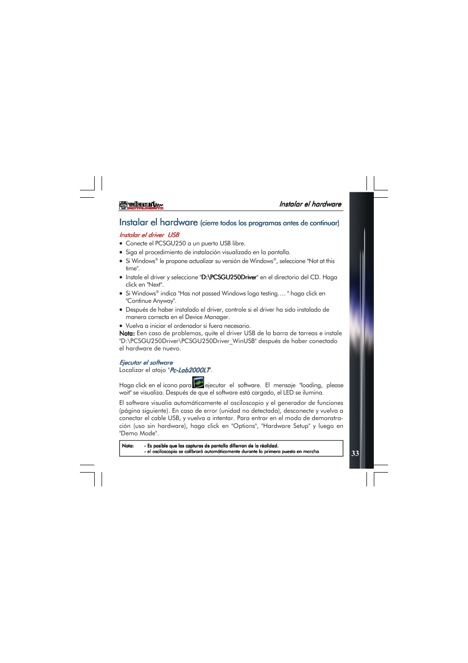 Instalar el hardware | Velleman PCSGU250 User Manual | Page 33 / 40