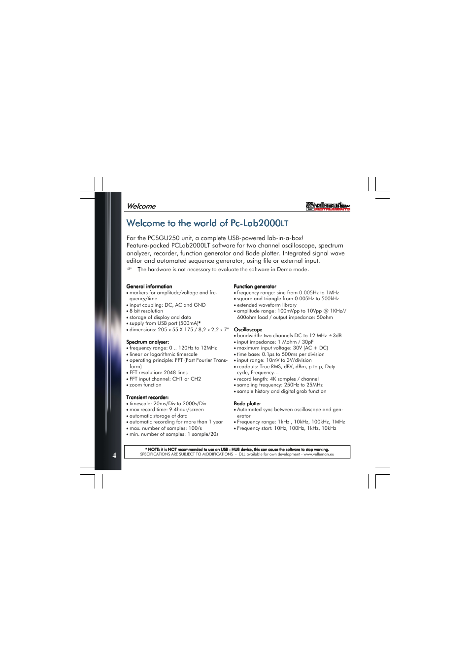 Welcome to the world of pc, Welcome | Velleman PCSGU250 User Manual | Page 4 / 40
