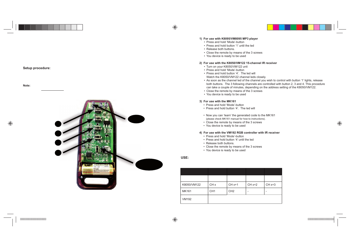 How to setup your remote control | Velleman VM191 User Manual | Page 2 / 2